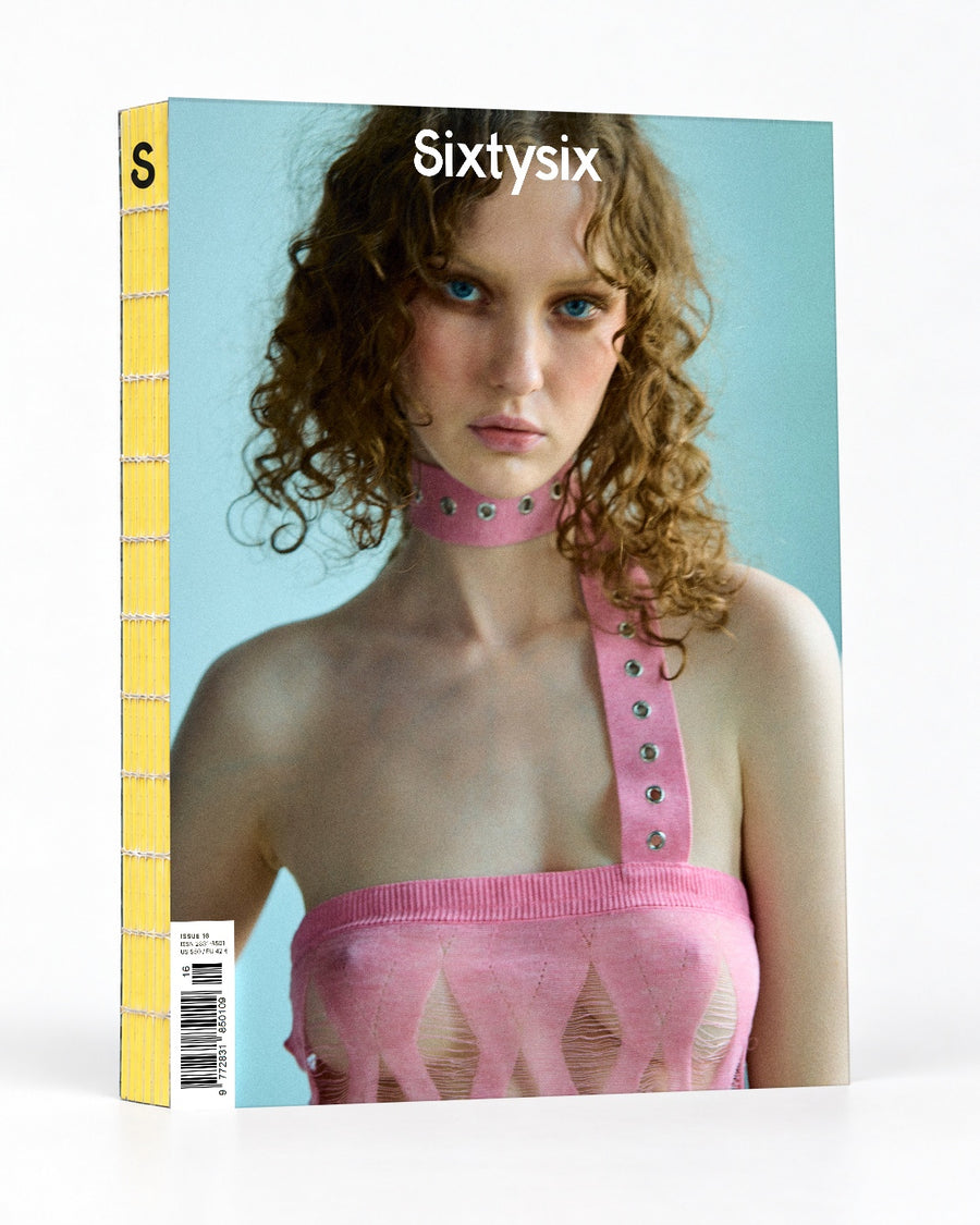 Sixtysix Issue 16 with the Fang NYC cover, standing, with its exposed yellow sewn spine.