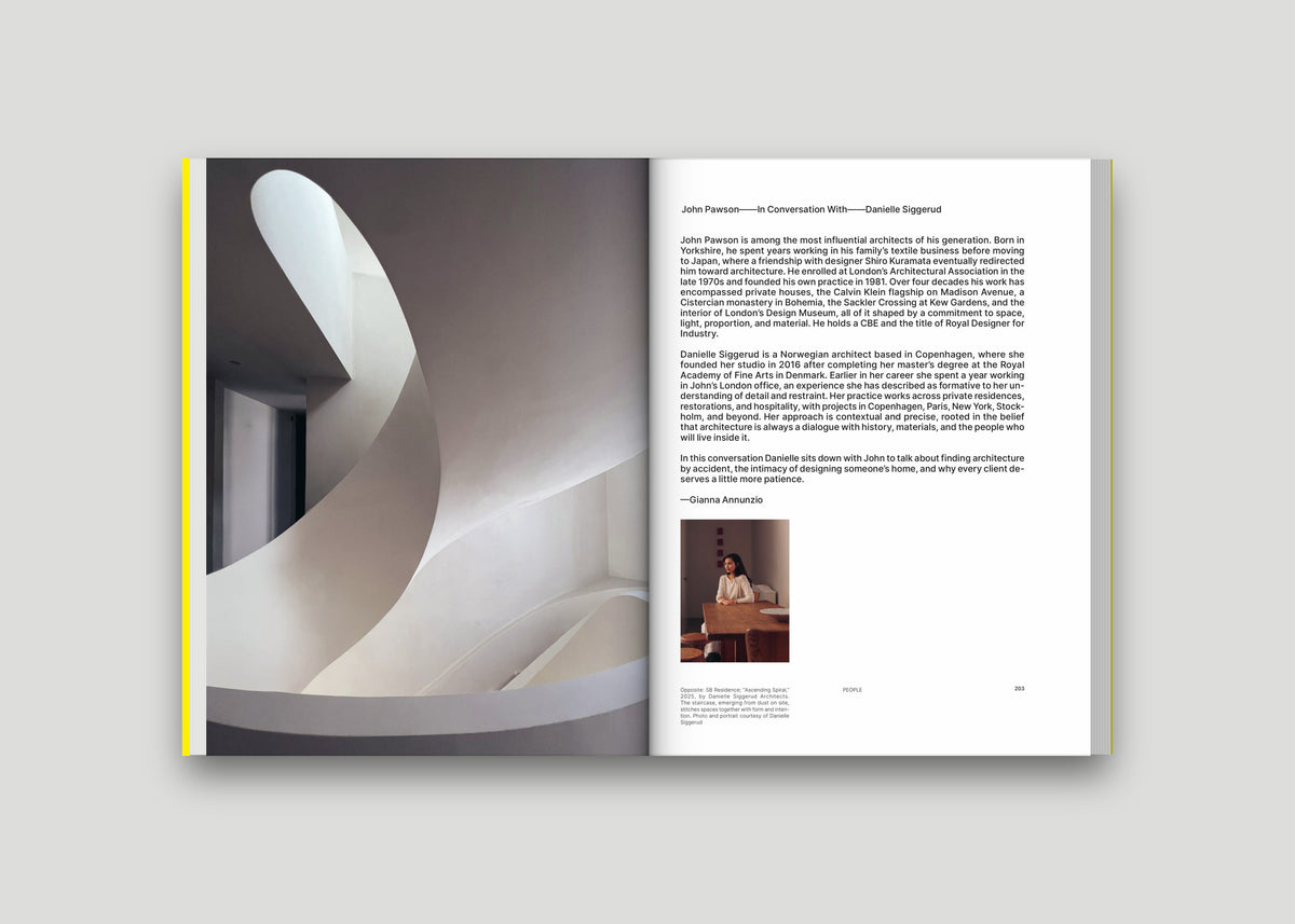 Sixtysix Issue 16 open to pages 202 and 203, John Pawson and Danielle Siggerud.