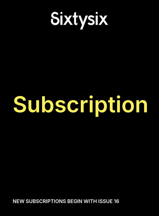 Black Sixtysix subscription tile with the Sixtysix wordmark, the word Subscription in yellow, and the line New subscriptions begin with Issue 16.